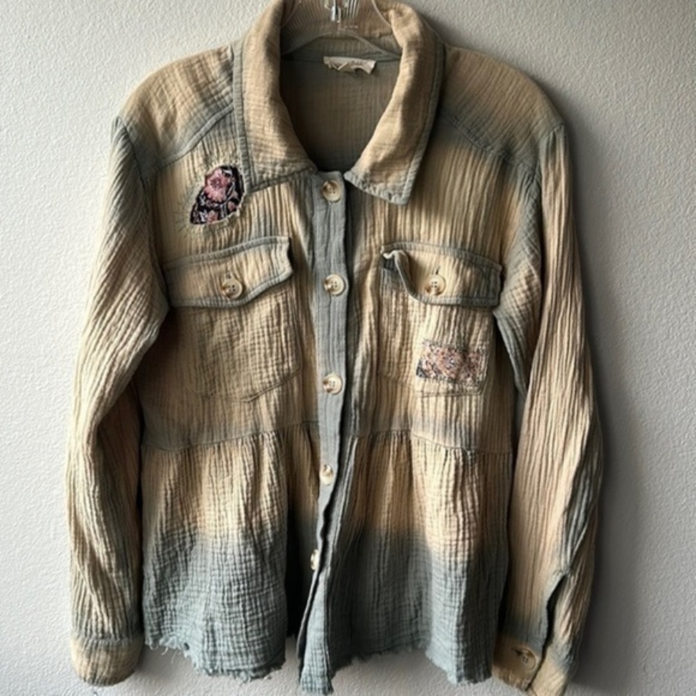 Anthropologie top Western size small ombre' cream tan aqua distressed cowgirl